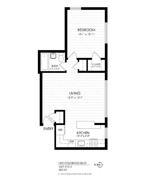 Floor plan for 1 bed, 1 bath, 520 sqft